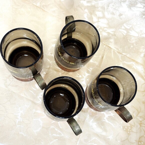 VTG Tia Maria Aperitif Smoked Glass Copper Color Metal Base w/ Handle Set of 4 - Picture 8 of 15